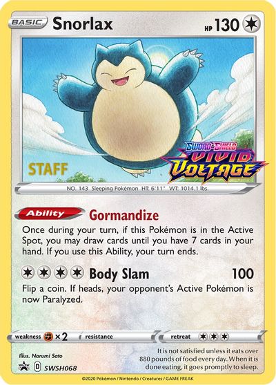 Snorlax (SWSH068) (Staff Prerelease Promo) [Sword & Shield: Black Star Promos] | Infinity Cards & Collectibles